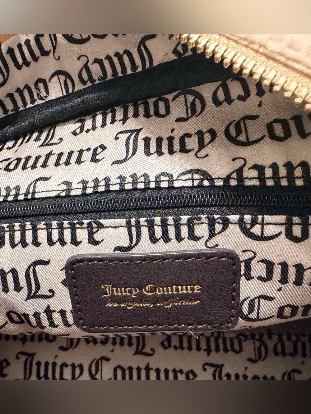 NWT: Juicy Couture Beige Suede Logo Shoulder Bag with Dark Brown Trim w/ Charm - Picture 3 of 5